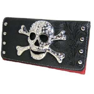  Rockabilly Skull buckle with crystals Tri Fold wallet Red 