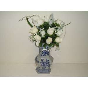  White Roses with Babys Breath in Oriental Vase (20tall 