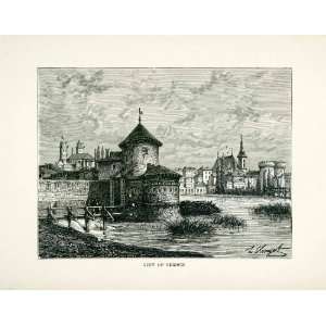 1877 Wood Engraving Architecture Art Verdun France City Tower Castle 