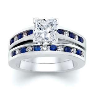  2.51 ct Princess Diamond W Round Blue Sapphire Ring Set 