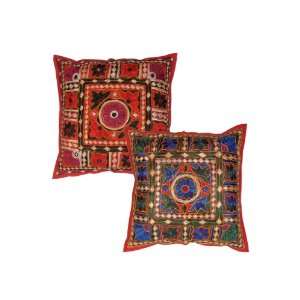  2 Pcs Cotton Handmade Mirror & Embroidery Ethnic Pillow 