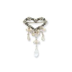  Sterling Silver Crystal Pearl CZ Antiqued Heart Pin 