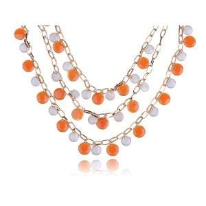Gold Tone Layering Long Necklace Enamel Gloss Orb Orange White Fashion 