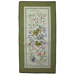  Foo Dogs & Flowers ~ 26 x 13 Inch Silk Embroidery