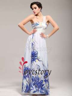 Women Blue Floral Printed One Shoulder Long Evening Prom Dresses 09263 