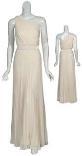 Grecian style one shoulder evening gown is fully pleated with glass 