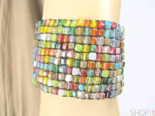 Zad Multi Color Glass Bead Mosaic Wide Bracelet Elastic  