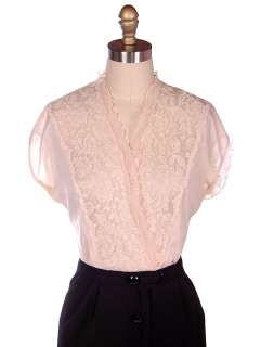Vintage Pink Blush Sheer Nylon Blouse Surplice Style w/Reembroidered 