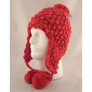  Hand Knit Hot Pink Crochet Ear Flap Pom Trooper Beanie Hat 