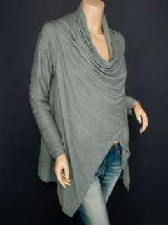 Trendy Asymmetric Hem Draped Neck Long Sleeves Wrap Shirt Blouse S/M 