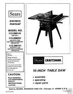  Craftsman Table Saw Manual Model # 113.298031  