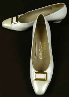 FERRAGAMO WHITE and PEARL PUMPS with GOLD TOE BUCKLE Womens Shoes 8AAA 