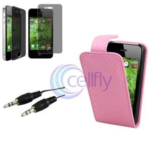 Pink Leather Case+Privacy Film+Audio Cable For iPhone 4 s 4s 4th Gen 