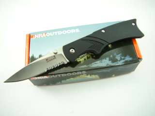 NRA Gunstock. Partially Serrated. 4 closed linerlock. AUS 8 stainless 
