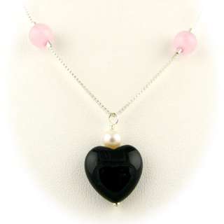 Rose Quartz Black Onyx Heart Sterling Silver Box Chain Necklace n1328 