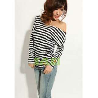 Laconic Style Stripes Patterns Off the Shoulder Long Sleeve T Shirt 