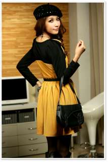 CHIC RIGHT SHOULDER BOW MIXED COLORS LONG SLEEVE DRESS 1646  