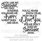 You Are My SUNSHINE Quote Vinyl Wall Decal Lettering Nu