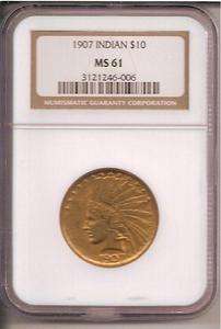 1907 $10 GOLD INDIAN NGC MS 61  