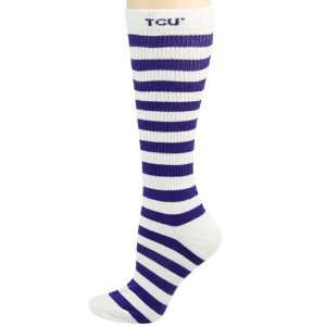   (TCU) Ladies White Purple Striped Knee High Socks