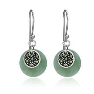    Sterling Silver Marcasite and Jade Disc Wire Earrings Jewelry