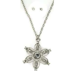 Clear Austrian Crystals Silver toned 6 Petal Flower Pendant Necklace 