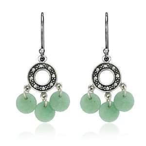   Sterling Silver Marcasite and Jade Disc Dangle Wire Earrings Jewelry
