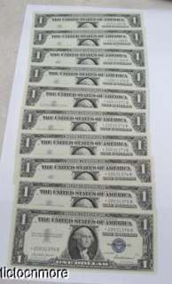 10 US 1957 $1 DOLLAR SILVER CERTIFICATE STAR NOTES CONSECUTIVE 