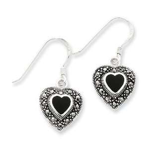 Onyx Heart Marcasite Earrings in Sterling Silver Jewelry