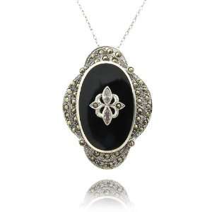    Sterling silver CZ Black Onyx Oval Marcasite Trim Pendant Jewelry