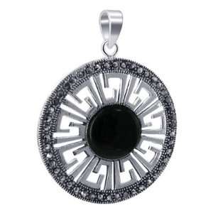  Black Onyx with Marcasite Accents 36mm Round Dangle Pendant Jewelry