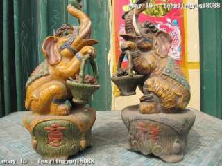 13Chinese Old Folk Wucai porcelain Carved Lucky Elephant Pair  
