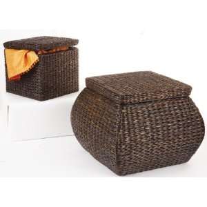   Set of 2 Woven Brown Wooden Stool Style Storage Boxes