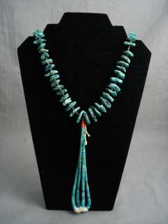   this necklace features hand cut graduated turquoise stones segmented