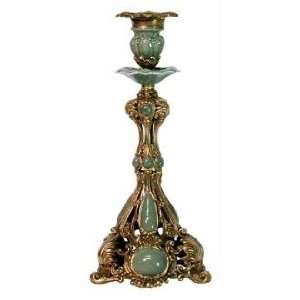  Porcelain Green and Brass 12 1/2 High Candle Holder