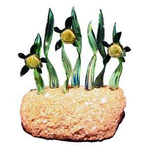 com Triple Green Turtle Glass Sculpture (Green Reeds) on Coquina Rock 