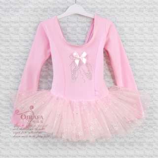   Girls Shiny Tutu Dance Ballet Dresses Leotards Long Sleeves Pink 2T 6T