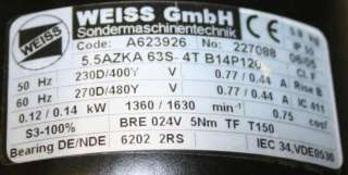 WEISS GMBH 3 PHASE AC MOTOR 0.12/0.14kW 5.5AZKA 63S 4T B14P120 A623926 