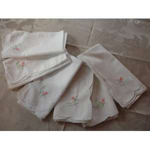   White Dinner Napkins with Embroidered Pink Rosebuds 