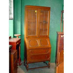   Jacobean Style Leaded Glass Oak Bureau Bookcase Furniture & Decor