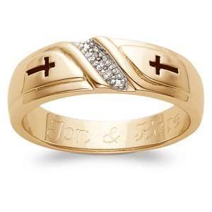   18K Gold Genuine Diamond Cross Engraved Wedding Band, Size 9 Jewelry