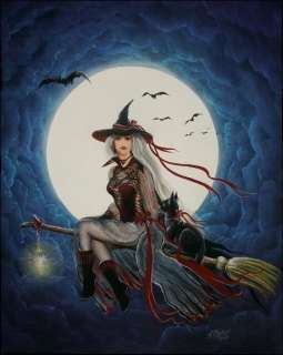 Folk Art Halloween Witch Moon Cat Beautiful Witch  