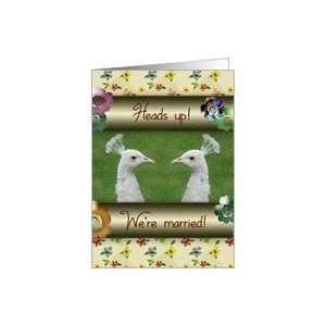  Heads Up, Were Married, White Peacocks and Flowers Card 
