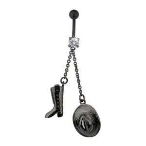   Black PVD Navel Ring with Hanging Cowboy Hat and Boot Charms Jewelry