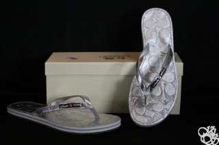 COACH Wilma Crinkle Silver Flip Flops Womens Shoes New  