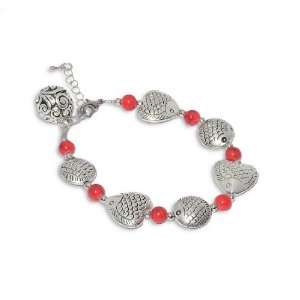  8 Inch Silver Fish Red Coral Bead Link Bracelet Chain 