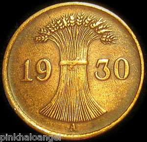 German Weimar Reichspfennig Coin 1930A  
