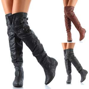 Womens Shoes Over the Knee Thigh High Slouchy Buckle Flat Boots Black 
