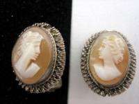 Victorian Carved Cameo 800 Silver signed BA Earrings  