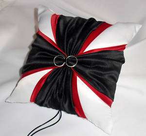 WHITE Wedding Ring Bearer Pillow BLACK & RED Accent  